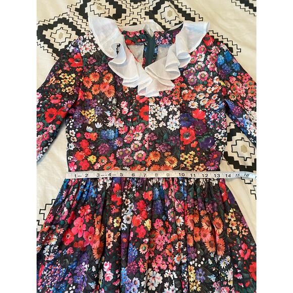 Vintage 70s Handmade Floral Long Ruffled 3/4 sleeve Dress w/ bustle - Picture 8 of 12